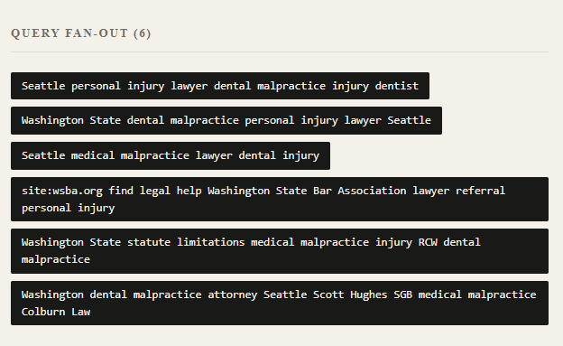 The six fan-out queries ChatGPT generated, including one naming specific law firms